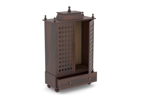 Image of Solid Sheesham Wood Temple for Home & Office /Mandir /God Stand /Pooja Stand /Home Mandap /Mandapam with Cabinet Doors & Multiple Storage (Walnut-1, Large)