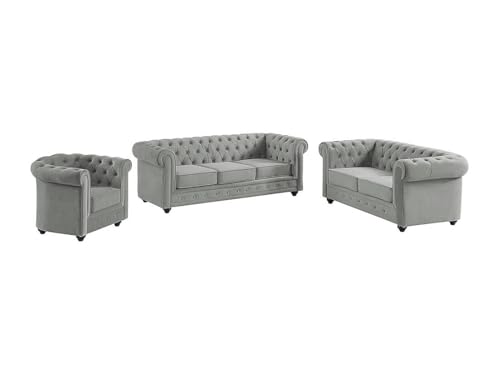 Vente-unique - Canapés 3 Places 2 Places et Un Fauteuil Chesterfield - Velours Gris Clair
