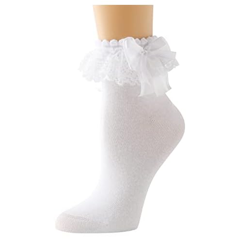 AMHRLINGTO Lace Ruffle Frilly Socks for Women - Lace Ankle Socks with Bow (White-1 Pairs)