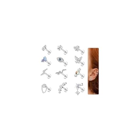 JeryWe 12Pcs 16G Cartilage Earrings Stud for Women Surgical Steel Top Screw Flat Back Earrings Bee Butterfly Snake Evil Eye Opal CZ Cartilage Earrings Tragus Helix Piercing Jewelry Sliver 6MM Cover
