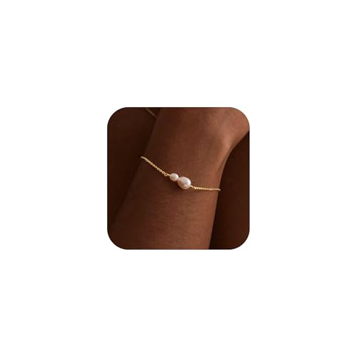 Gold Pearl Bracelets for Women Trendy, 14K Real Gold Plated Bracelet Set Dainty Pearl Bracelet Link Chain Charm Gold Bracelets for Women Non Tarnish Wedding Bridesmaid Gifts