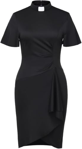 Image of CAMDOM Church Clergy Dress for Women Short Sleeve Polka Dot A Line Elegant Dress with Tab Collar