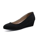 CentroPoint Women's Low Heel Wedge Shoes Round Toe Slip-on Loafer Flats Dress Pumps(Black V1 Faux Su