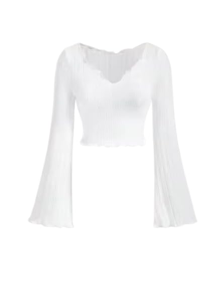 Image of V-Neck Notched Flared Sleeve Top for Women | Stylish Polyester Long Sleeve Blouse for Casual Wear 450