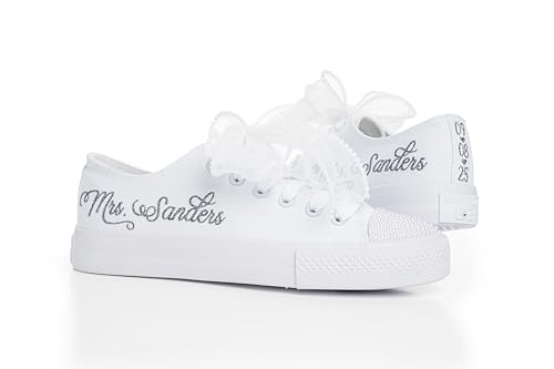 Personalized Wedding Sneakers for Bride – Silver Mirror Name Custom Bridal Shoes – Handmade White Trainers for Ceremony or Reception4