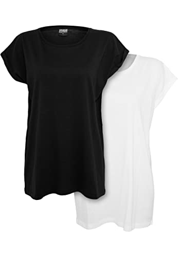 Urban Classics Damen Extended Shoulder Tee 2er Pack – Baumwoll T-Shirt mit überschnittenen Schultern, Loose Fit Basic für Alltag, Freizeit & Streetwear,2er Pack (1x Black, 1x White),XL