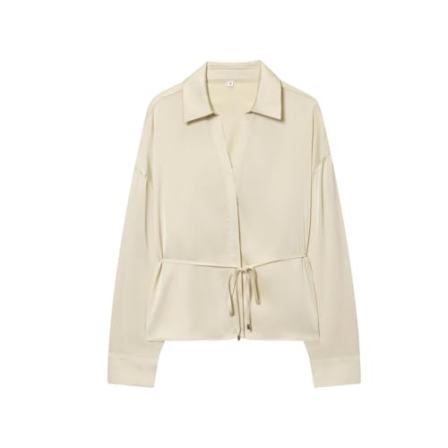 Satin Button Up Shirt Women Chic Bow Waistband Blouse Long