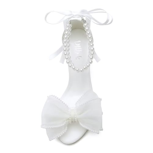 Image of Pearl Wedding Shoes for Bride Block Heel Wedding Sandals Open Toe Bridal Shoes Bow Knot Heeled Sandals