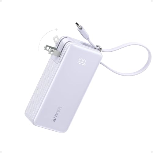 Anker Nano 3-in-1 Portable iPhone Charger 10 000mAh Power Bank with Built-in USB-C Cable and Foldable Wall Plug 30W Max Battery Pack Travel Essentials for iPhone 17/16/15 Series (Violet)