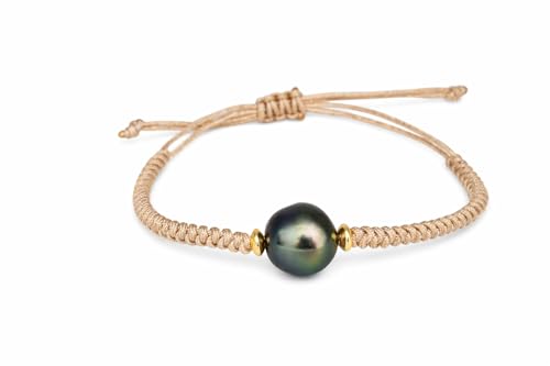 PERORNO Bracelet en perle de culture de Tahiti et or jaune 18 carats, Macramé réglable, noir, 11 mm, style élégant