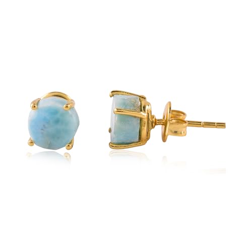 InfinityGemsArt Larimar Earrings For Women Raw Blue Gemstone Dainty March Birthstone Chakra Crystals Hypoallergenic Jewelry 14K Gold Plated Flat Push Back Stud Trendy Mothers Day Jewelry For Her - Mom