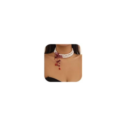 Anloximt - Collier De Perles Sanglantes Vampire - Ras Du Cou En Imitation Perle Et Acrylique - Pour Halloween, Cosplay, Soirée Costume - Rouge Sombre, Fait Main