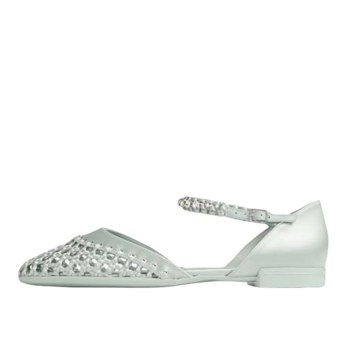 keleimusi Women's Woven Ballet Flats Summer Sparkly Flat with Ankle Strap Round Toe Slip On Rhinestone Mary Jane Flats Comfortable Studded Ballerina Shoes