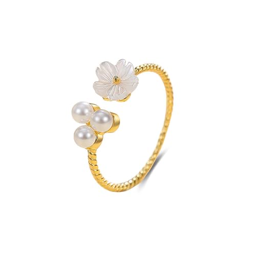 Elegant Shell Pearl Flower Adjustable Open Ring for Women 925 Sterling Silver 14k Golden Plated Faux Pearl Blossom Stacking Statment Rings Wedding Engagement Promise Finger Bands Fashion Jewelry Gifts