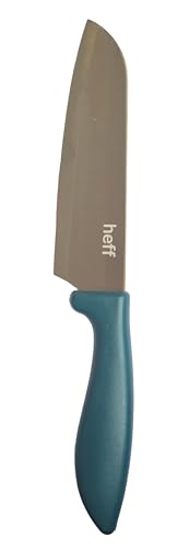 Image of Heff Santoku, Japanese Chef Kitchen Knife, Premium Stainless Steel Blade, Teal Handle, 7 Inch Blade