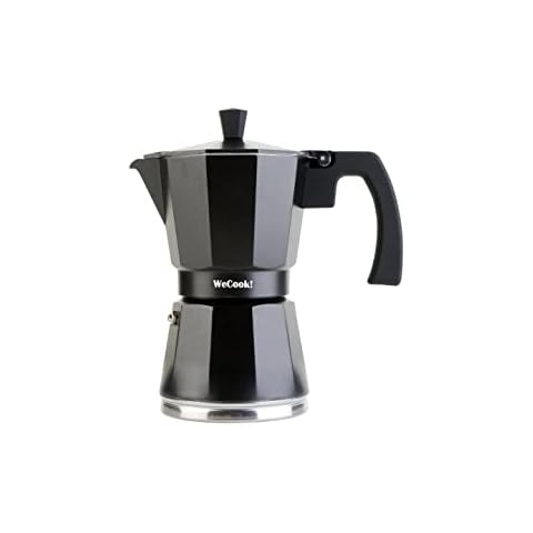 WECOOK! Luccia Italian Coffee Maker, Induction, Aluminum, Express, 1-3 Cups Coffee, Suitable for All Kitchens, Black Color, Silicone Closing Gasket, Safety Valve Cover