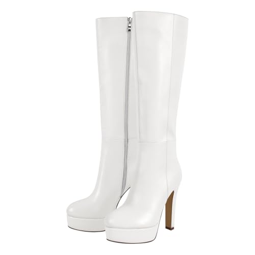 Women's Platform Knee High Boots Solid Color Side Zipper Block High Heels3