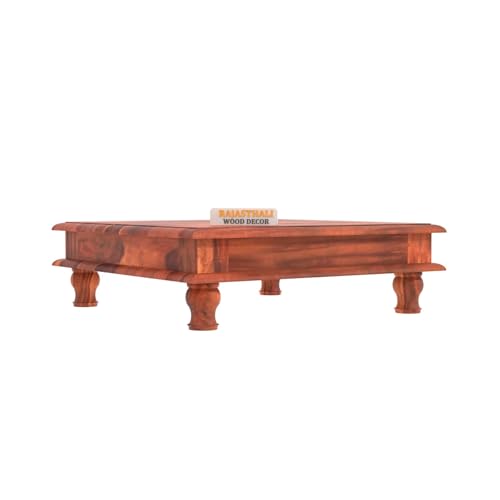 Image of Solid Sheesham Wood Pooja Chowki for Home & Mandir | Wooden Chowki Table for Living Room, Hall & Office | Traditional Low Height Wooden Table for Pooja Room, Coffee & Dcor | Natural Finish