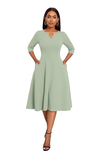 Image of Nmoder Midi Dresses for Women A-Line Fit and Flare Dress 3 /4 Sleeve V Neck Cocktail Wedding Guest Work Dress with Pockets