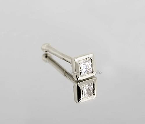 22G 14K White Gold Bone-End Nose Stud Bezel Set 0.035Ct Princess Cut Diamond - April Birthstone Nose Ring - Nsbnwg_Pwd15 #TOP1