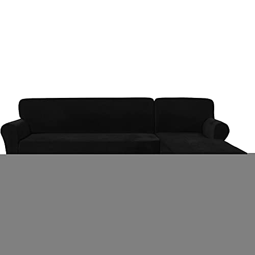 Funda De Sofá En Forma De L, Fundas Seccionales Elásticas De Terciopelo Chaise Longue Sofá Funda De Sofá Antideslizante Gruesa Funda De Muebles para Sala De Estar Cat Dog-Black-Right Chaise