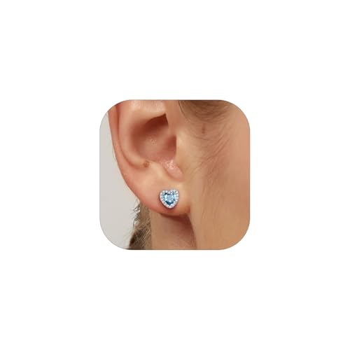 Dainty Sterling Silver Birthstone Stud Earrings, Heart Crystal Stud Earring, Jan - Dec Birthday Gift for women/Come with Box 03 silver-March