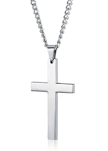 Milacolato Collier Croix en Acier Inoxydable pour Hommes Femmes Collier Pendentif Crucifix 3mm avec Chaîne à Maillons Argent Croix Nekles Bijoux 24Inches(61cm)