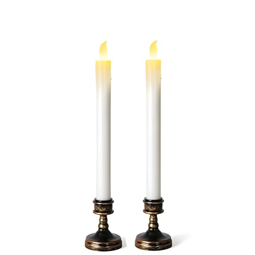 VOS Aura 2 Pcs Flameless Taper Candles with Bronze Stand, Battery Operated Candlesticks with 3D Flame, LED Window Candles for Home, Wedding, Party Decor -11.5”