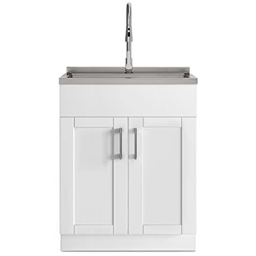 Image of SIMPLIHOME Modern Wide Shaker 28 inch Wide Stainless Steel Sink Laundry Cabinet | Transitional laundry cabinet with a high-arch chrome faucet for laundry rooms; Modern Wide Shaker utility sink or wash tub.