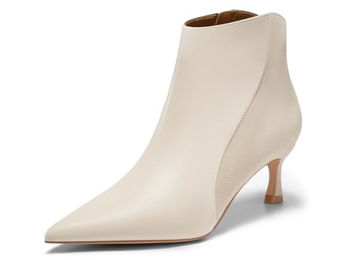 Coutgo Womens Kitten Heel Ankle Boots Pointed Toe Side Zipper Fall Winter Booties Shoes, Beige, Size 9.5