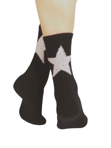 ILARY GLAM - CALCETINES ESTRELLA - Casual y Deportivos, Calcetines de Tobillo de Algodón y Lana con Estrella Decorada con Strass, Negro , 35-40