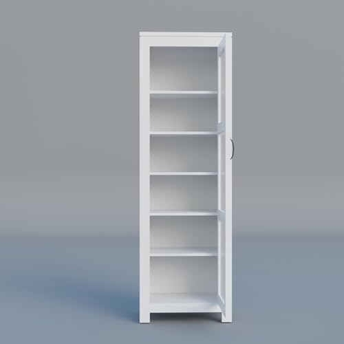 Image of Krishna Wood Decor Solid Sheesham Wood Deco White Corner Book Shelf, Showcase Acrylic Glass Door Crockery Unit Or Bookcase, Six Shelves Wooden Book Rack, Display Cabinet for Home & Library Areas