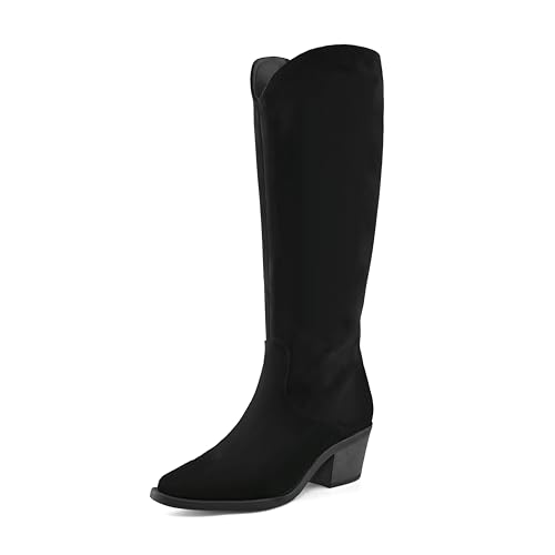 Knee High Boots for Women Cowboy Suede Pointed Toe Tall Mid Stacked Chunky Block Heeled Side Zipper Western Cowgirl Boots