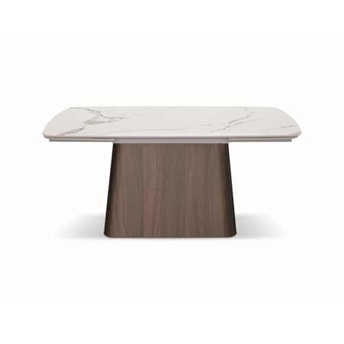 KONTE.DESIGN Mesa Malta de vitrocerámica Efecto mármol estatuario, Extensible con Base Nogal 160×90 cm - 240×90 cm