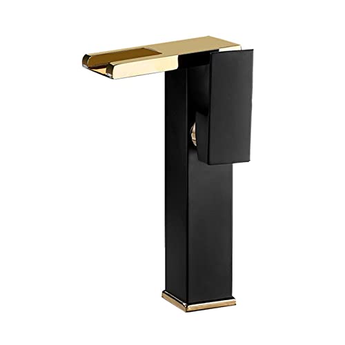 ウォーターフォールタップLED、3色変化洗面化粧台蛇口、真鍮ミキサータップバスルームシンクウォーターフォール、シングルハンドル1穴温水および冷水ミキサーブラックゴールド、ショート
