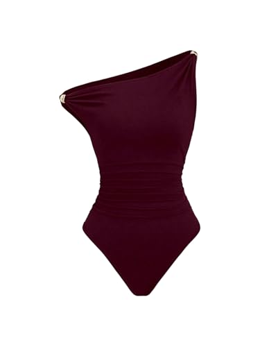 Milumia Womens Off The Shoulder Ruched Bodysuit Asymmetrical Metal Fitted Going Out Tops Jumpsuit Burgundy Red Medium