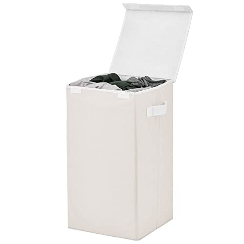 mDesign Cesto per Biancheria in Fibra Sintetica – Porta Biancheria per Bagno o Lavanderia Domestica Pieghevole – Capienti contenitori Biancheria con Coperchio e Manici – Crema/Bianco - Image 7