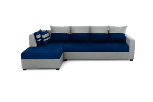 Image of FURNY Stylecon 6 Seater Fabric LHS L Shape Sofa Set (Blue-Light Grey) | Premium Velvet Finish | Durable Comfort | Ideal for Living Room