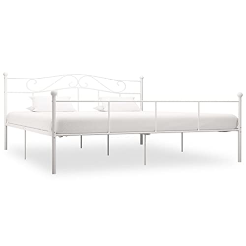 Kstyhome Cadre de lit Double en métal pour Adultes, Enfants, Enfants, Base de Cadre de lit avec 9 Pieds et Deux têtes de lit, Convient pour Matelas 180x200 cm, Blanc Cover