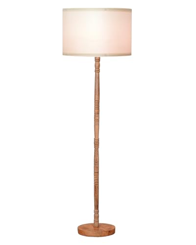 Image of Homesake Mid Century Modern Floor Lamp for Living Room | Hand Turned | Corner Lamp for Living Room, Stand Lamp with Fabric Lampshade for Bedroom, Study Room and Office, KD Off-White Drum