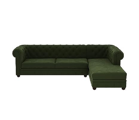 Image of Solid Wood Velvet Fabric L Shape Sofa Sofa for Living Room Button Tufted Sofa Chair for Home & Office (Left Aligned L-Shaped (Left Aligned L-Shaped Green)