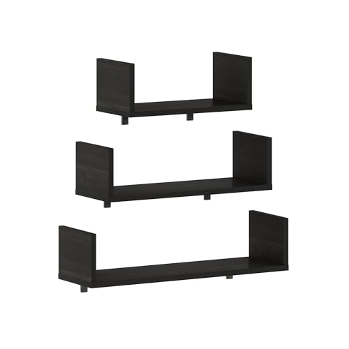 Image of Furinno Rossi Bedroom Decor Wall Mounted Floating Display Shelves with Invisible Brackets, Set of 3, Espresso | 11.7 inch, 15.7 inch, 18.9 inch Width, U-Shape Rectangular Wall Shelf Set, Wall Mounted Shelves, for Bathroom, Home Office, Living Room