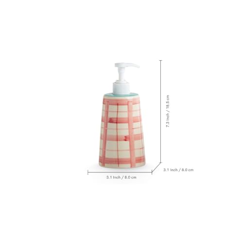 Image of ExclusiveLane 'Gulabi Courtyard' Hand-Painted Ceramic Bathroom Accessories Set of 2 (Liquid Soap Dispenser for Wash Basin, Paste & Toothbrush Holder) |Handwash Dispenser |Bathroom Organiser Set