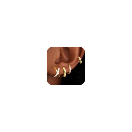 Small Gold Hoop Earrings for Women, 14K Gold Plated Hypoallergenic Earring Set, Dainty Cartilage Huggie Hoop Earring Stacks for Multiple Piercing