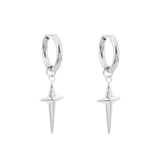 Punk Cross Star Dangle Drop Huggie Small Hoop Earrings for Men Women Stainless Steel Hypoallergenic Minimalist Personalized Simple Sleeper Hinged Hoops Dangling Hanging Hip Hop Lightweight Piercing Fashion Jewelry