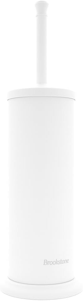 BROOKSTONE Toilet Brush and Holder Set for Bathroom with Splash Guard for Deep Cleaning, Compact and Space Saving Stylish Toilet Bowl Cleaners, White