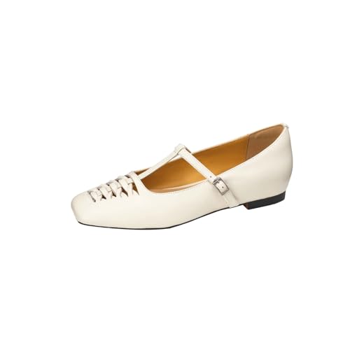 TinaCus Handmade Women's Genuine Leather Square Toe Hollow-out Woven T-strap Buckle Mary Jane Flats