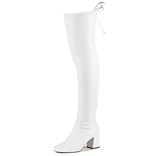 Women's Thigh High Boots Heeled Over The Knee Boots Fashion Sexy Winter Low Chunky Block Heel Knee Thigh Boots White Matte PU Size 8.5 EU39
