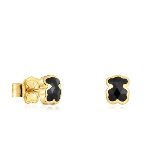 TOUS Pendientes para Mujer con Motivo de Oso con Baño de Oro 18 Kt sobre Plata de Primera Ley y Ónix, 6 mm, Colección Icon Color