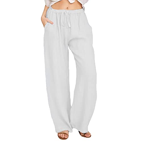 SUPTTING Damen Freizeit Hose Sommerhose mit Kordelzug und Taschen Freizeithose Einfarbig bequeme Leinenhose aus Baumwolle Leinen Stoffhose leichte Jogginghose Locker Outdoorhose, Estilo-j02 Blanco,